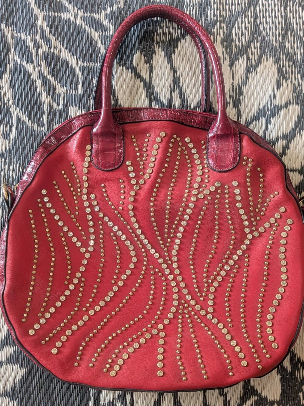 Vintage Y2K Red Studded Round Handbag Faux Croc Trim Floral Lining Boho Retro